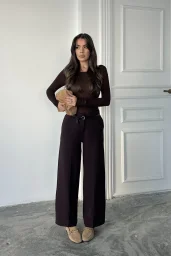 Kahve Paça Detaylı Kemerli Pantolon