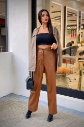 Kahve Palazzo Deri Pantolon