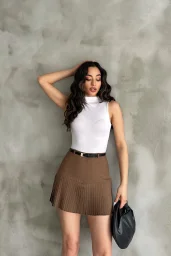 Kahve Pile Detaylı Poliviskon Etek