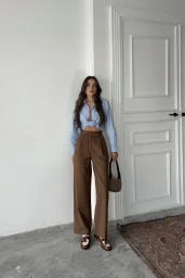 Kahve Poliviskon Çift Düğme Palazzo Pantolon