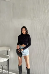 Lacivert Kruvaze Omuz Büzgülü Bluz