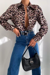 Leopar Saten Oversize Gömlek