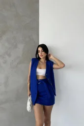 Mavi Kaşe Kruvaze Oversize Yelek Etek Takım