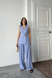 Mavi Keten Tokalı Bağlamalı Yelek Takım