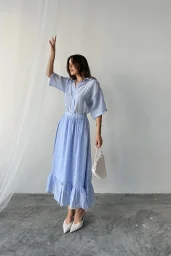 Mavi Oversize Gömlek Etek Takım