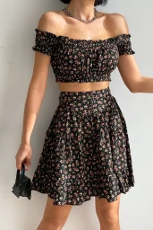 Siyah Çiçek Desenli Büstiyer Etek Takım
