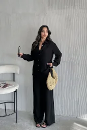 Siyah Çilek Gömlek Yırtmaçlı Pantolon Takım