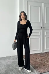 Siyah Kare Yaka Büzgülü Modal Takım