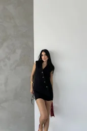 Siyah Kaşe Kruvaze Oversize Yelek Etek Takım