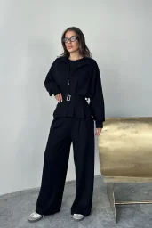 Siyah Modal Pileli Bağlamalı Ceket Takım