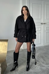 Siyah Modern Kesim Bordo Kaşe Kaban