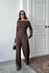 Kahve Omuz Detaylı Büzgülü Modal Takım