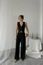 Siyah Poliviskon Çift Düğme Palazzo Pantolon