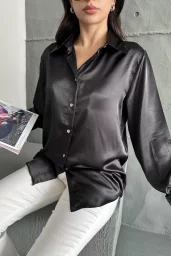 Siyah Saten Oversize Gömlek