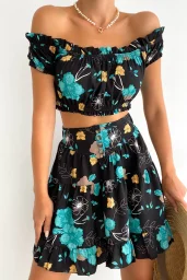 Turkuaz Çiçek Desenli Büstiyer Etek Takım