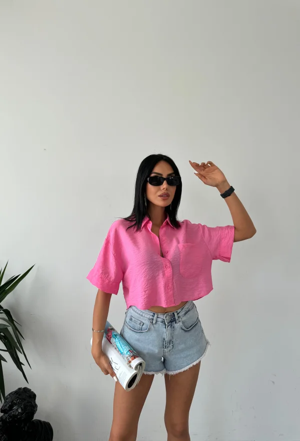 Pembe Tensel Crop Cepli Gömlek