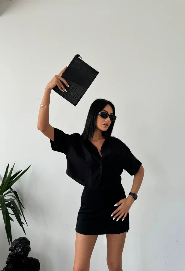 Siyah Tensel Crop Cepli Gömlek