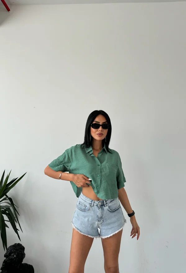 Yeşil Tensel Crop Cepli Gömlek
