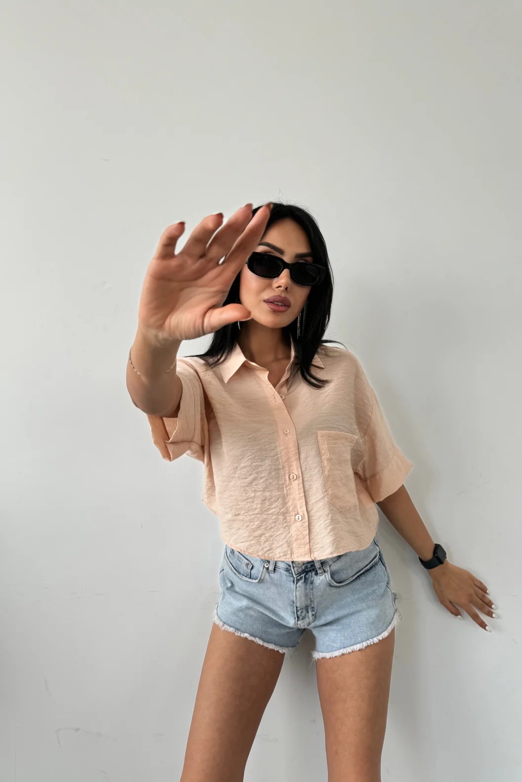 Bej Tensel Crop Cepli Gömlek
