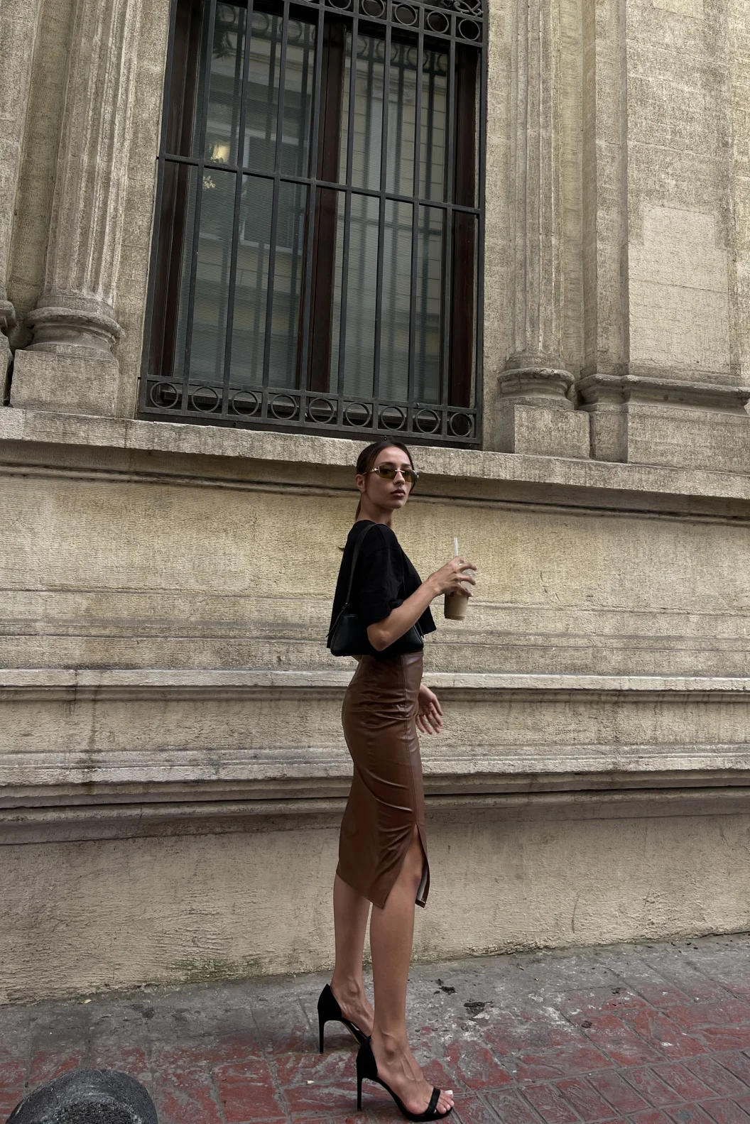 Kahve Önden Yırtmaçlı Deri Kalem Etek