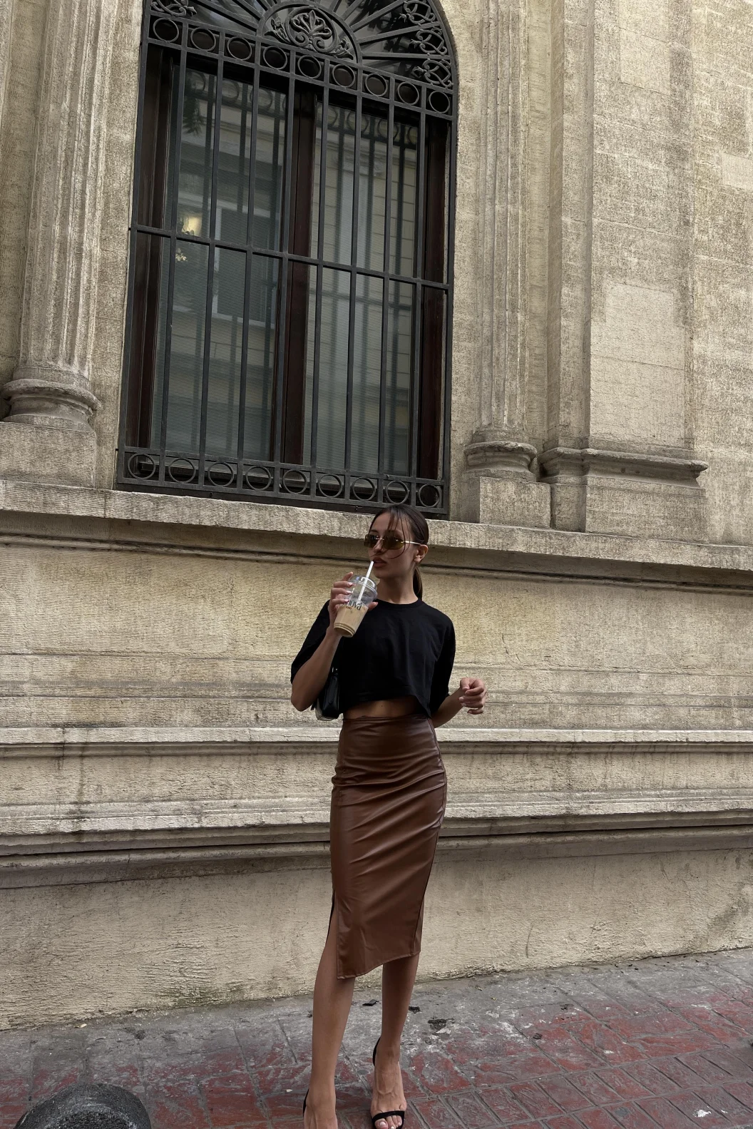 Kahve Önden Yırtmaçlı Deri Kalem Etek