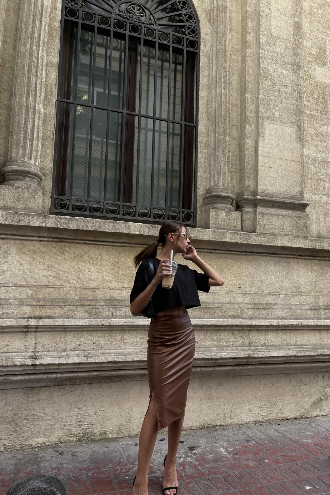 Kahve Önden Yırtmaçlı Deri Kalem Etek