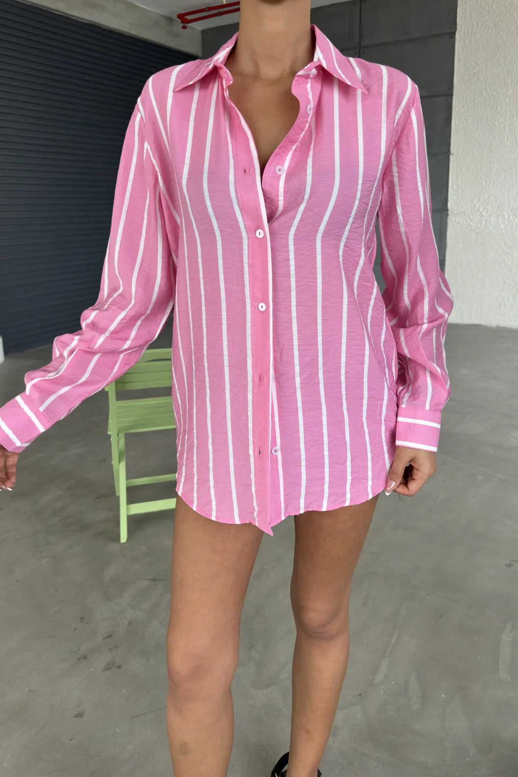 Pembe Çizgili Oversize Gömlek