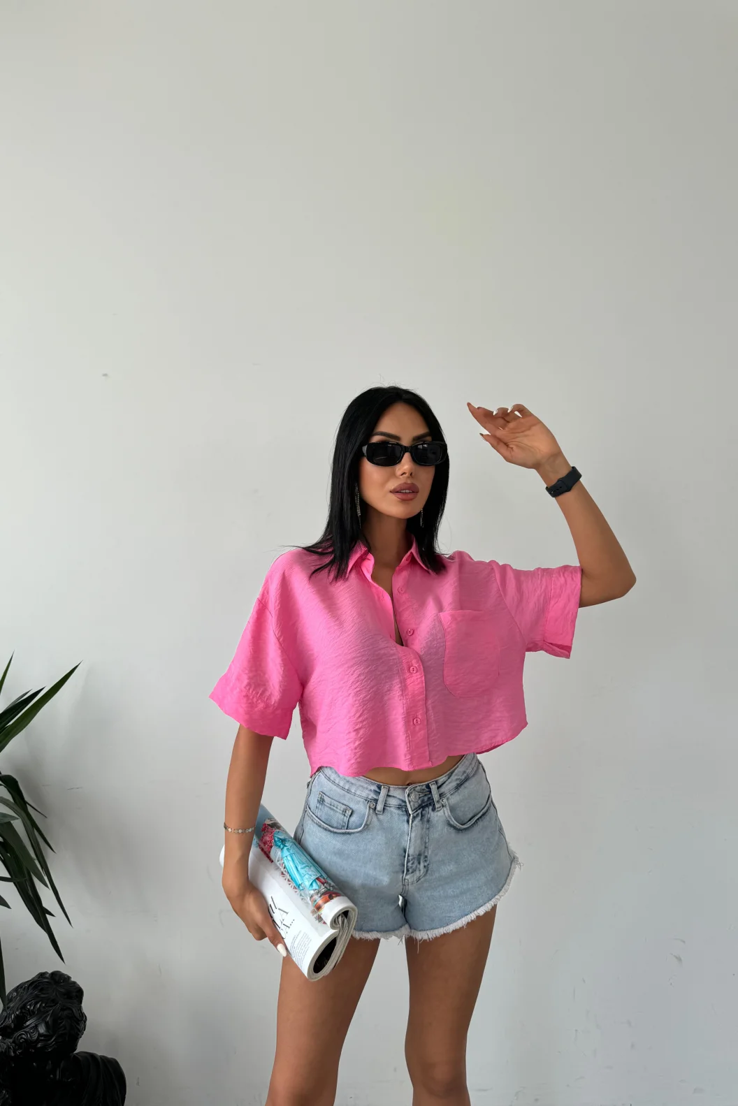 Pembe Tensel Crop Cepli Gömlek