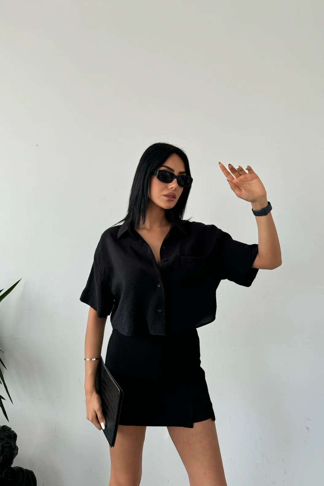 Siyah Tensel Crop Cepli Gömlek