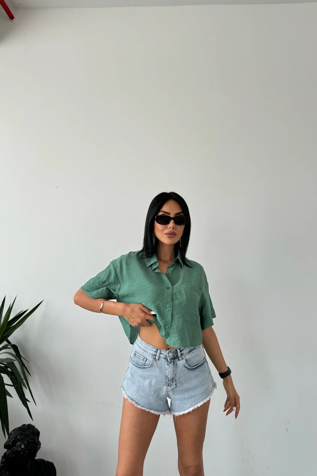 Yeşil Tensel Crop Cepli Gömlek