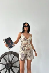 Bej Desenli Keten Büstiyer Şort Takım