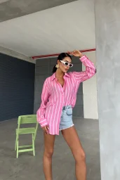 Pembe Çizgili Oversize Gömlek