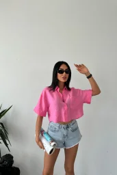 Pembe Tensel Crop Cepli Gömlek