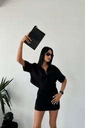 Siyah Tensel Crop Cepli Gömlek