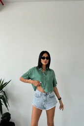 Yeşil Tensel Crop Cepli Gömlek