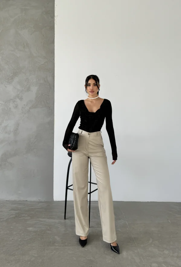 Bej Palazzo Deri Pantolon