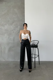 Siyah Palazzo Deri Pantolon