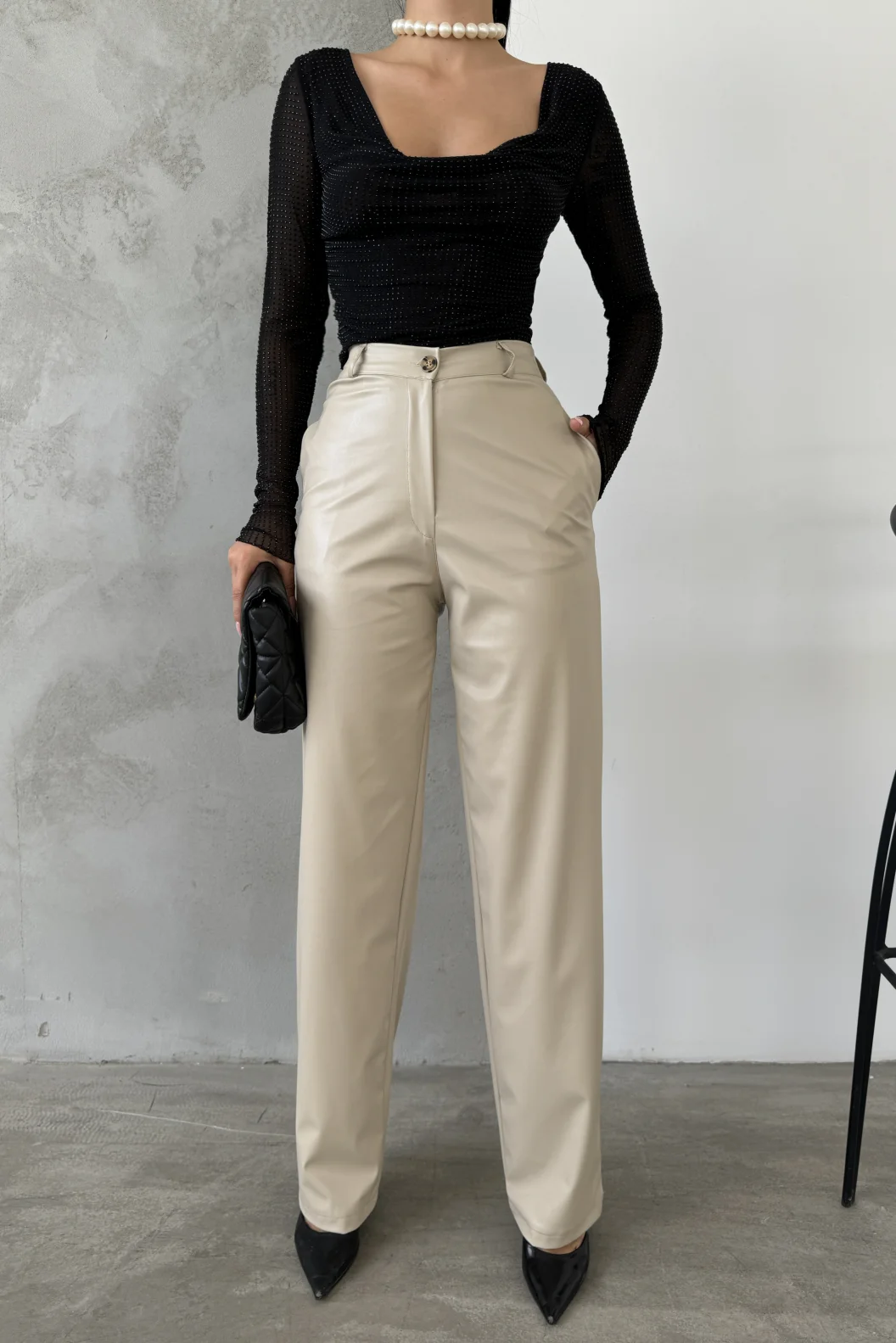 Bej Palazzo Deri Pantolon