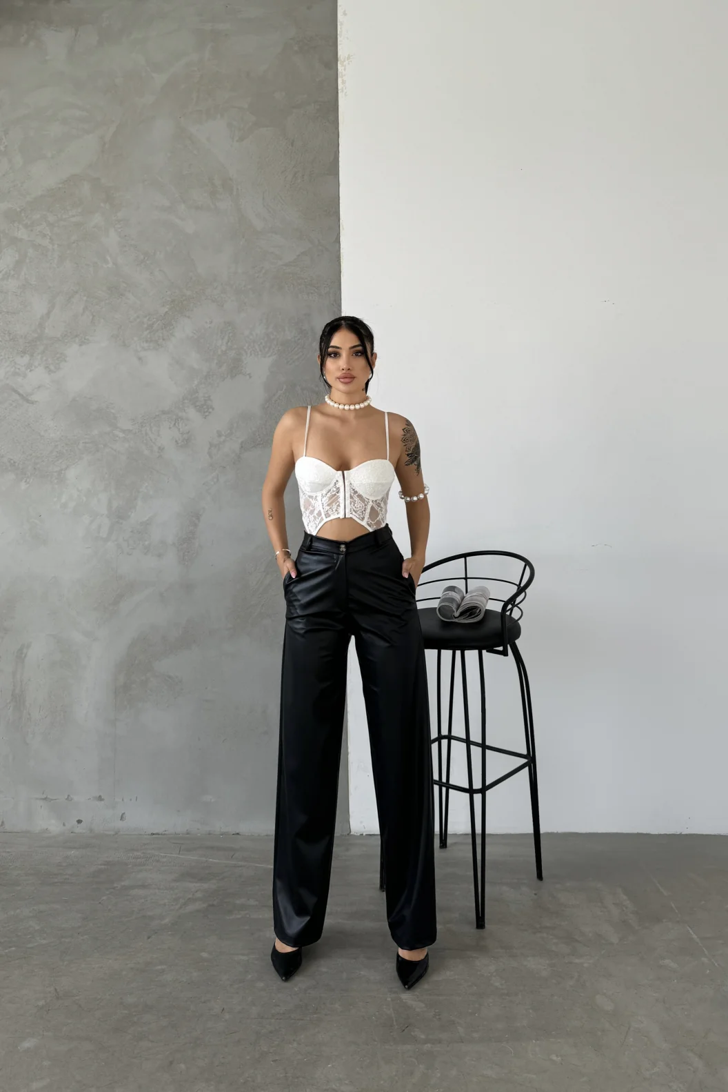 Siyah Palazzo Deri Pantolon