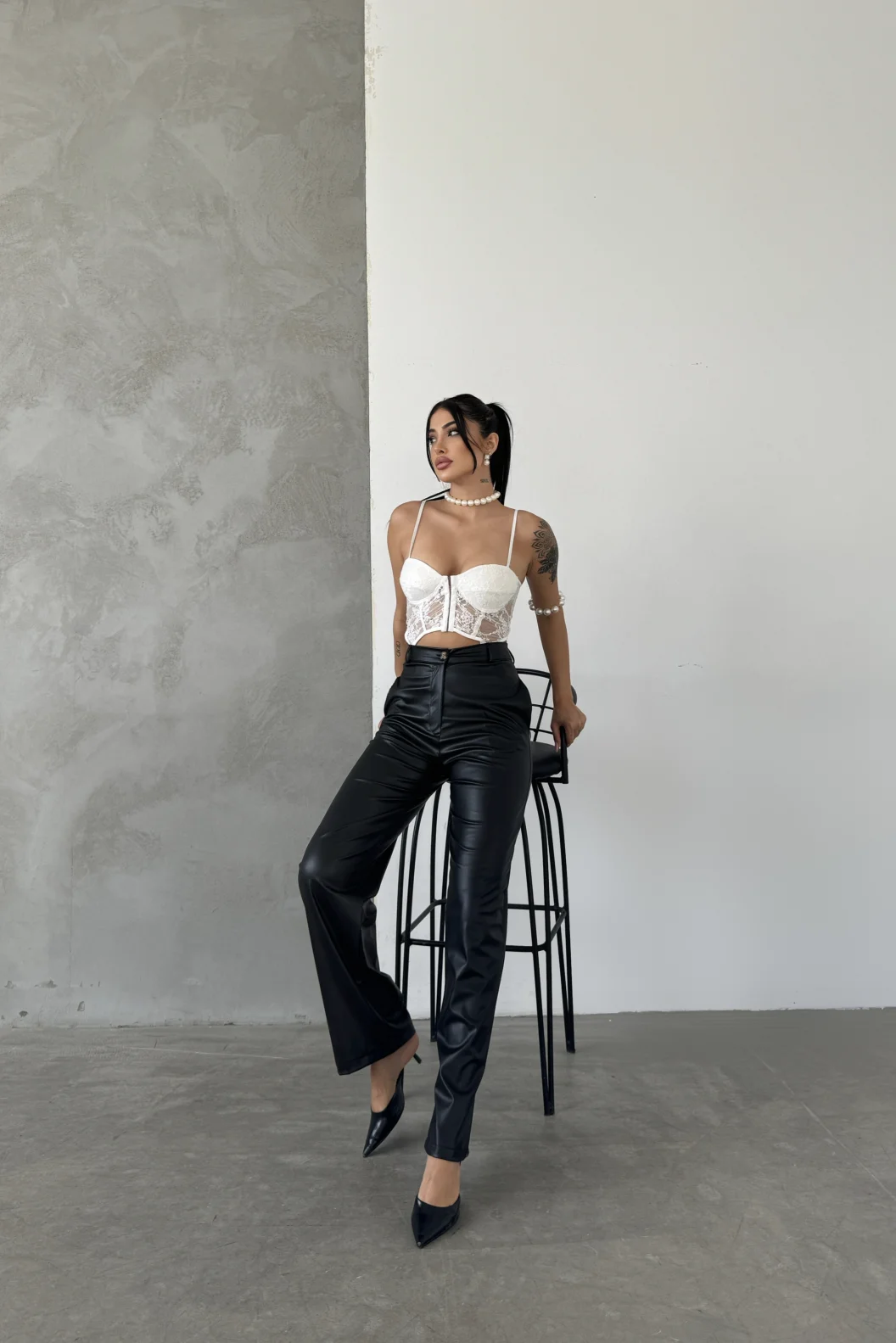 Siyah Palazzo Deri Pantolon