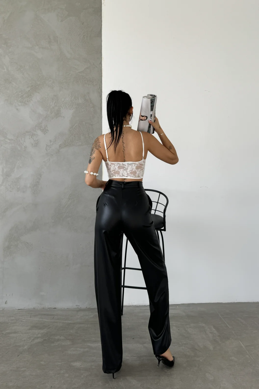 Siyah Palazzo Deri Pantolon