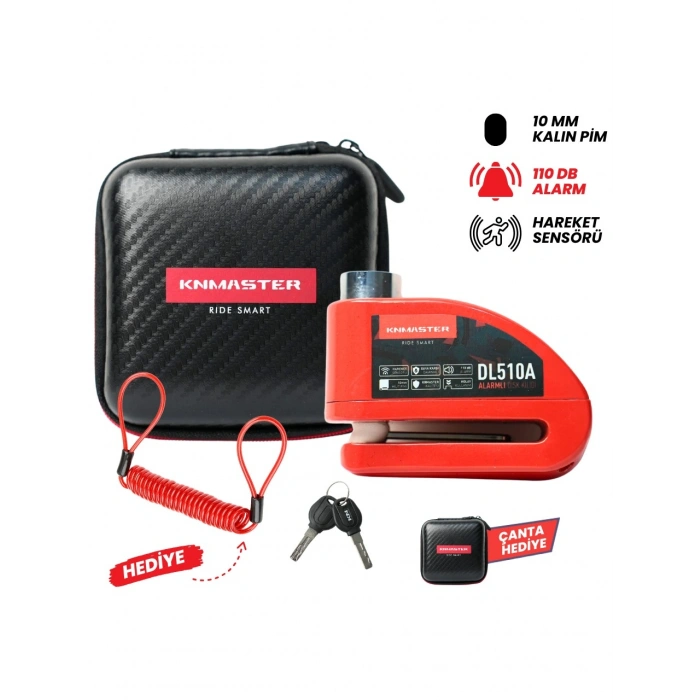 Knmaster DL510A 10 mm Alarmlı Disk Kilidi | Hatırlatma Kablosu ve Taşıma Çantası Hediye | Kırmızı
