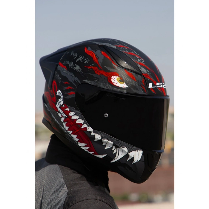 LS2 RAPID 2 KAIJU MAT SİYAH-KIRMIZI-BEYAZ KASK SİYAH VİZÖR SPOİLER