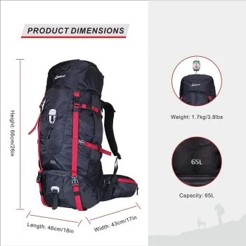 Quickup Hiking Sırt Çantası 65 Litre-Siyah-Kırmızı