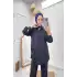 SİYAH Nakış İşlemeli ve Düğmeli Viscon Tensel Kumaş İkili Takım