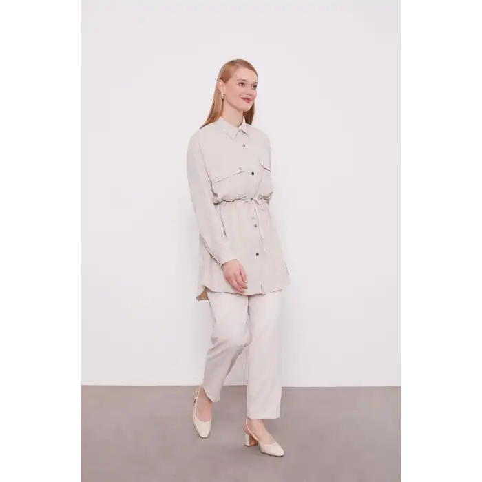 Bej Beli Büzgülü Pantolonlu Spor Takım