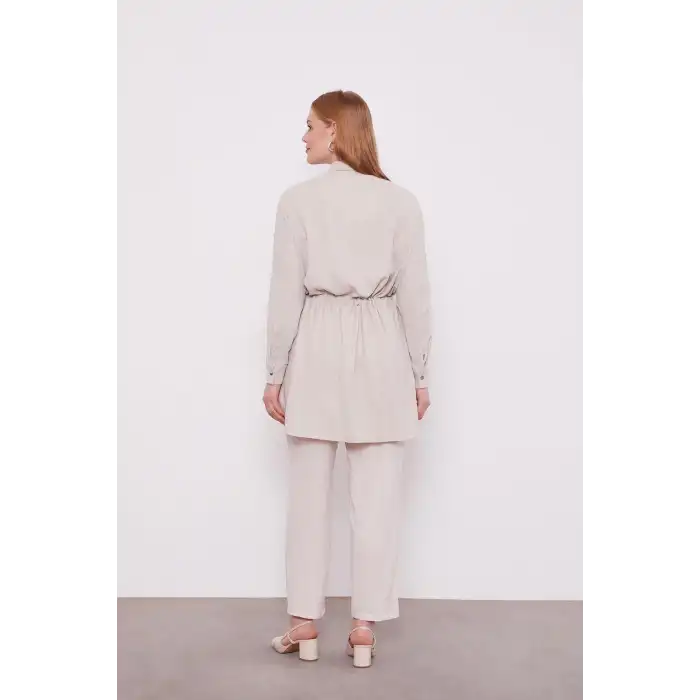 Bej Beli Büzgülü Pantolonlu Spor Takım