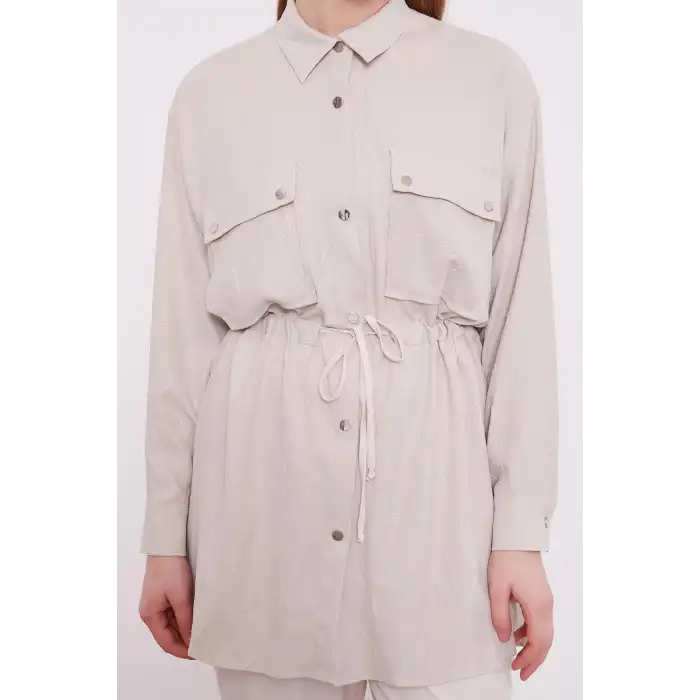 Bej Beli Büzgülü Pantolonlu Spor Takım