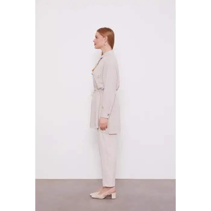 Bej Beli Büzgülü Pantolonlu Spor Takım