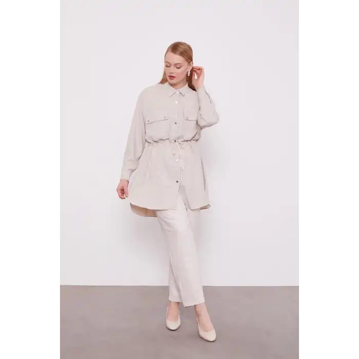 Bej Beli Büzgülü Pantolonlu Spor Takım